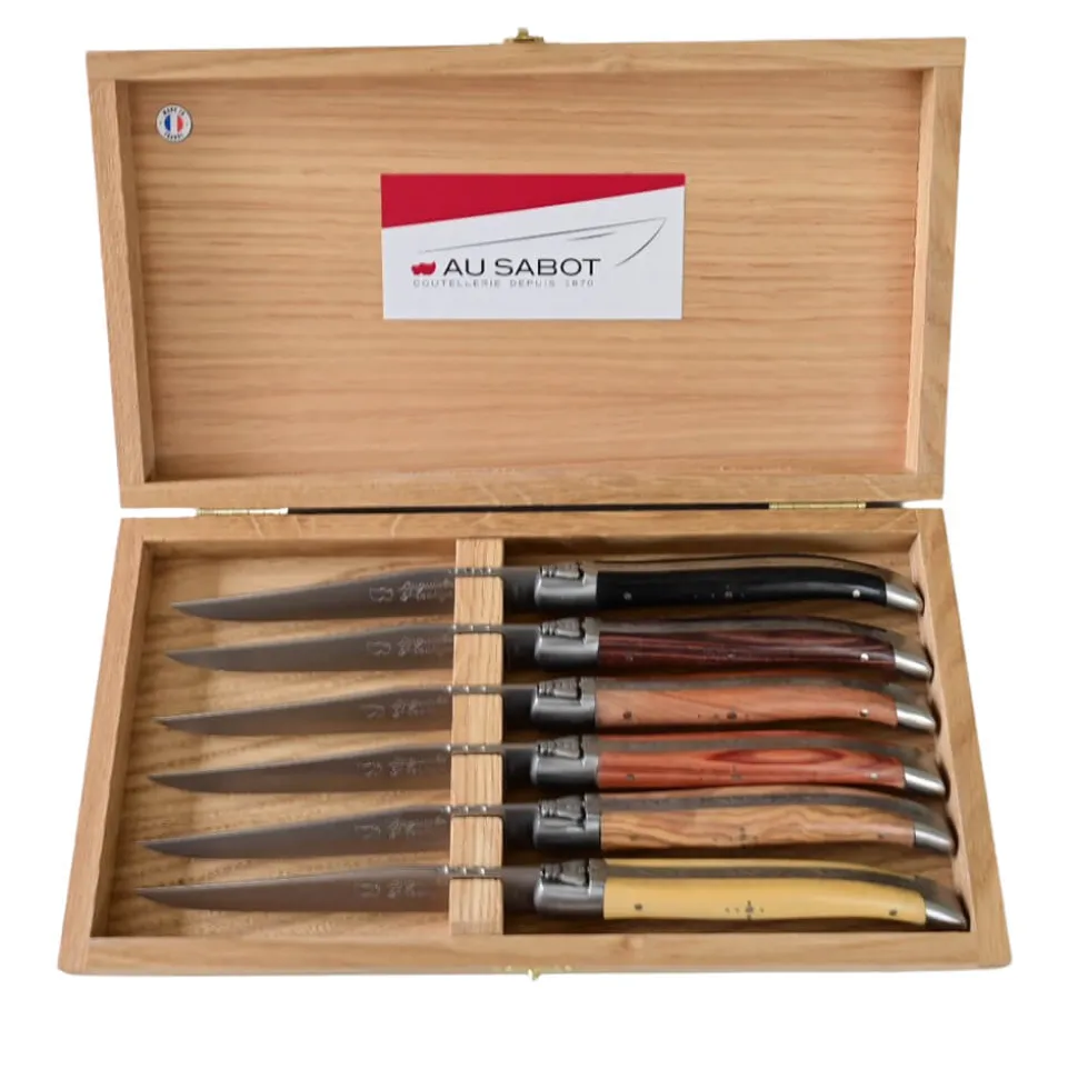 Coffret de 6 couteaux Laguiole Prestige manches en bois panachés - Au Sabot