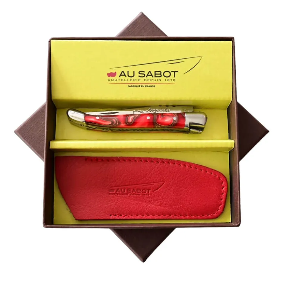 Couteau Pliant Laguiole avec Etui en Cuir Rouge OFFERT - Au Sabot