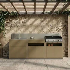 Cuisine 3 Eléments Taupe avec crédence inox - LE MARQUIER