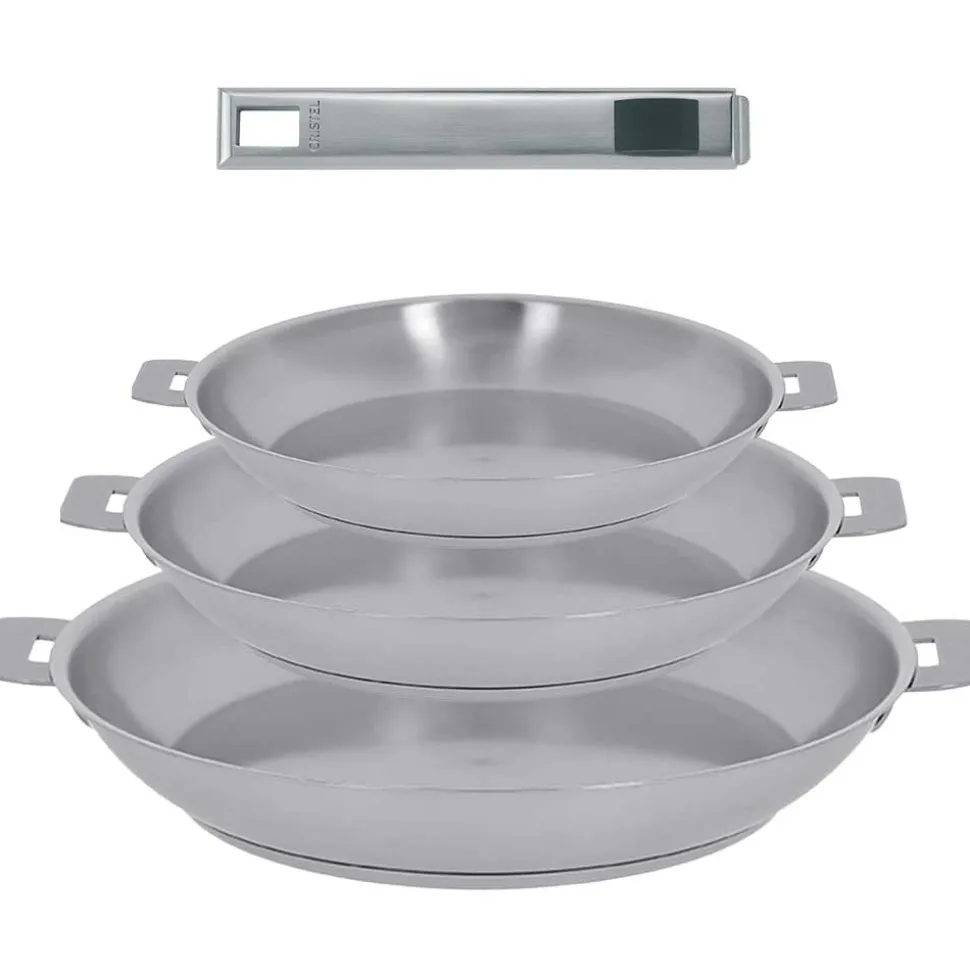 Lot de 3 Poêles inox STRATE avec poignée OFFERTE - CRISTEL